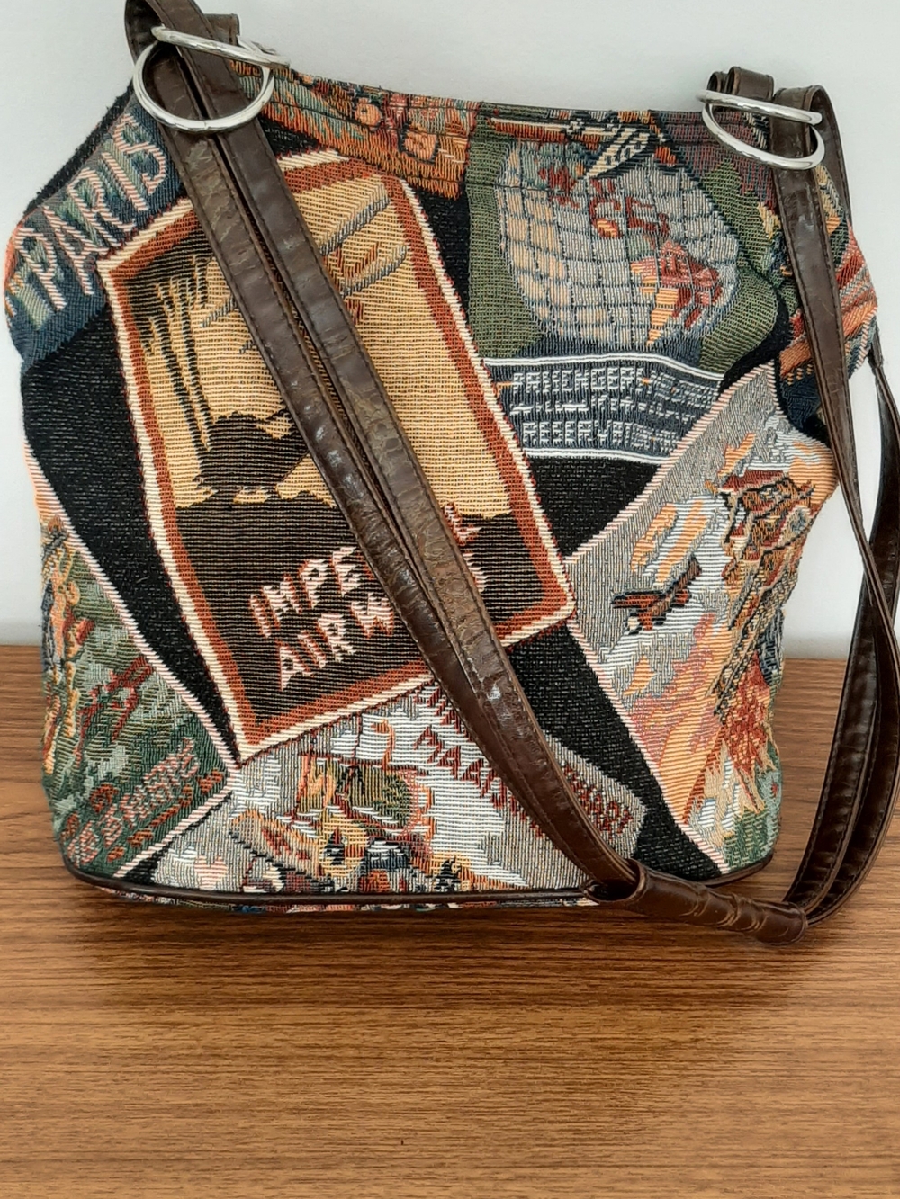 Tapestry Travel Print Crossbody Bag with Brown Leather Strap